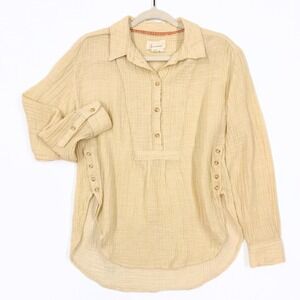 Anthropologie Yellow Striped Gauze Side Button Tunic Shirt Womens Small